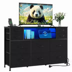 Metal-Framed Dresser, Storage Cabinets with 11 Fabric Drawers, TV Cabinet with LED Lights and Charging Station, Suitable for Bedroom and Living Rooms