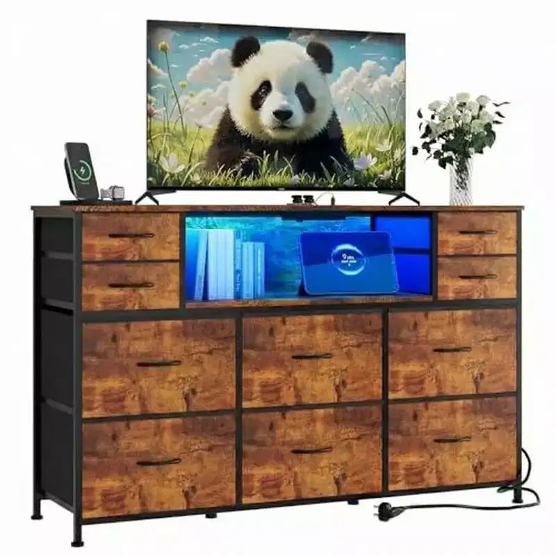 Commode à cadre métallique avec 11 tiroirs en tissu, meuble TV, lumières LED et station de charge