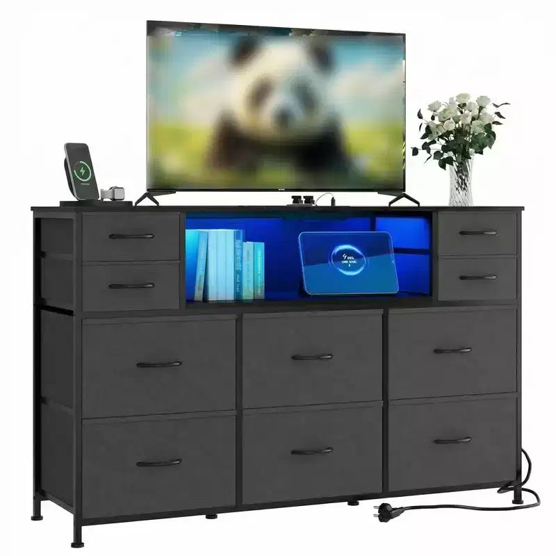 Commode à cadre métallique avec 11 tiroirs en tissu, meuble TV, lumières LED et station de charge