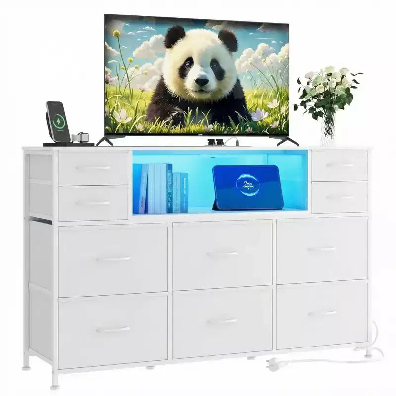 Commode à cadre métallique avec 11 tiroirs en tissu, meuble TV, lumières LED et station de charge