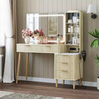 Makeup Vanity Desk with Lighted Mirror, Wooden Dressing Table with Drawers, Modern Vanity with LED Mirror for Bedroom Makeup & Storage