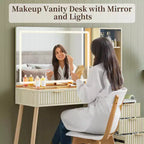 Coiffeuse de Maquillage avec Miroir Lumineux, Coiffeuse en Bois avec Tiroirs, Coiffeuse Moderne avec Miroir LED pour Maquillage et Rangement dans la Chambre