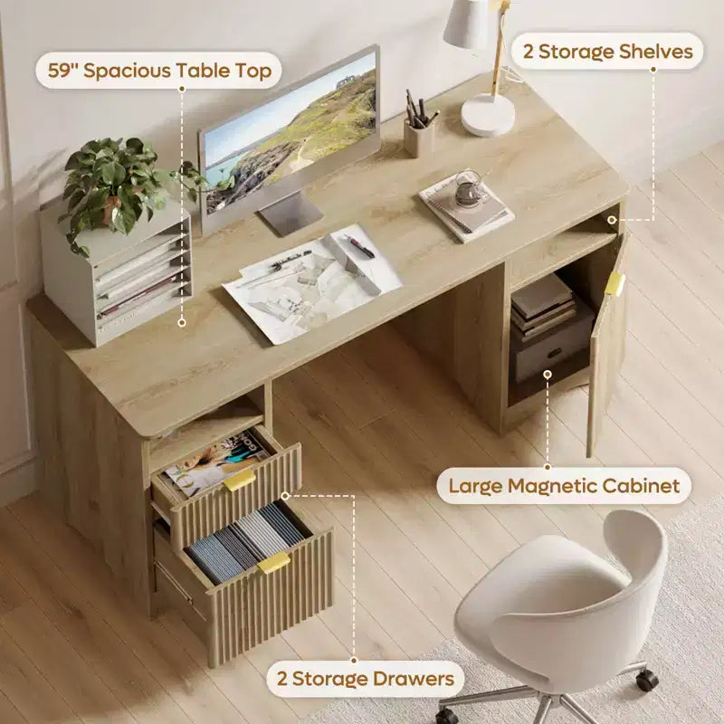Bureau de Direction Moderne 150 cm avec Rangement 2 Tiroirs 3 Casiers Bureau Cannelé pour Bureau Salon