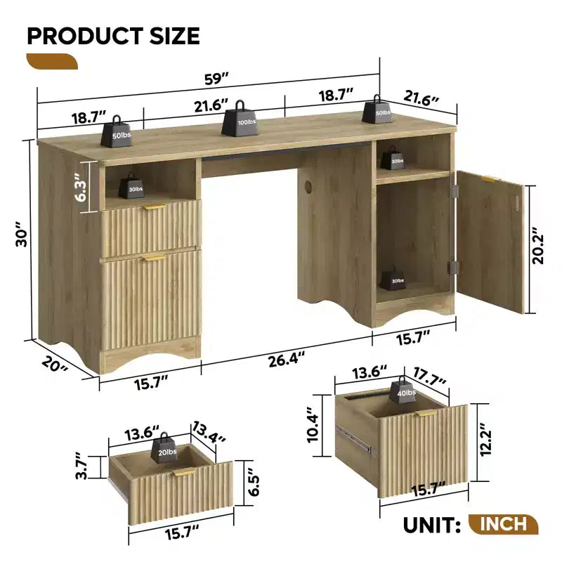 Bureau de Direction Moderne 150 cm avec Rangement 2 Tiroirs 3 Casiers Bureau Cannelé pour Bureau Salon