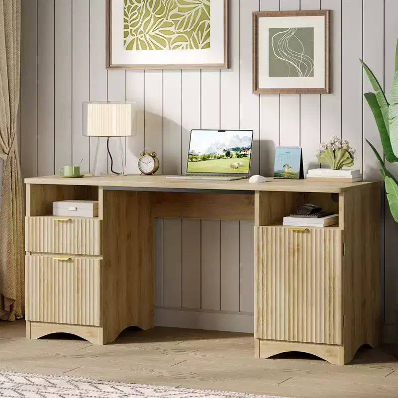 Bureau de Direction Moderne 150 cm avec Rangement 2 Tiroirs 3 Casiers Bureau Cannelé pour Bureau Salon