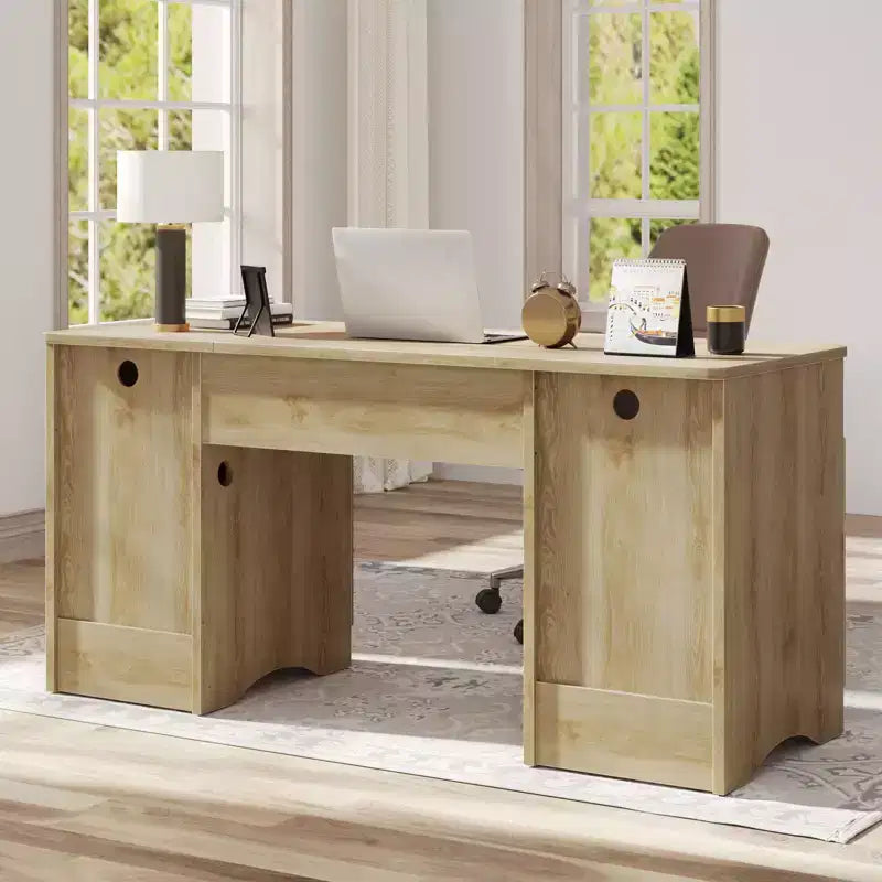 Bureau de Direction Moderne 150 cm avec Rangement 2 Tiroirs 3 Casiers Bureau Cannelé pour Bureau Salon