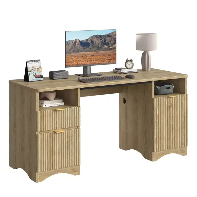Bureau de Direction Moderne 150 cm avec Rangement 2 Tiroirs 3 Casiers Bureau Cannelé pour Bureau Salon