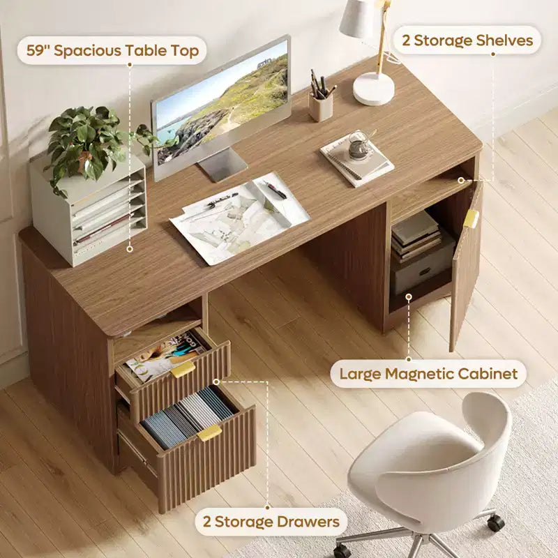 Bureau de Direction Moderne 150 cm avec Rangement 2 Tiroirs 3 Casiers Bureau Cannelé pour Bureau Salon