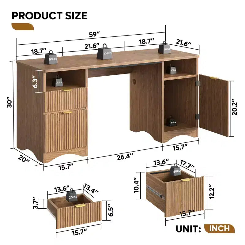 Bureau de Direction Moderne 150 cm avec Rangement 2 Tiroirs 3 Casiers Bureau Cannelé pour Bureau Salon