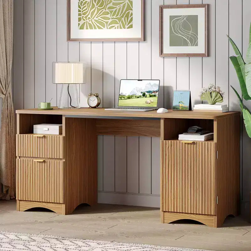 Bureau de Direction Moderne 150 cm avec Rangement 2 Tiroirs 3 Casiers Bureau Cannelé pour Bureau Salon