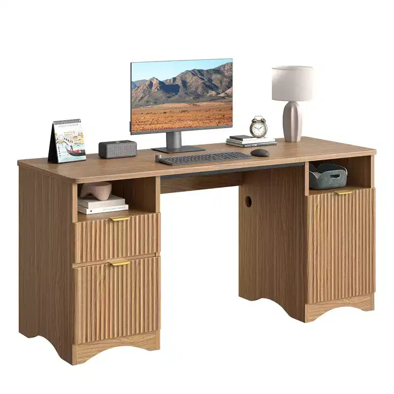 Bureau de Direction Moderne 150 cm avec Rangement 2 Tiroirs 3 Casiers Bureau Cannelé pour Bureau Salon