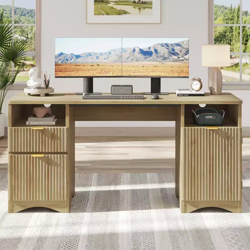 Bureau de Direction Moderne 150 cm avec Rangement 2 Tiroirs 3 Casiers Bureau Cannelé pour Bureau Salon