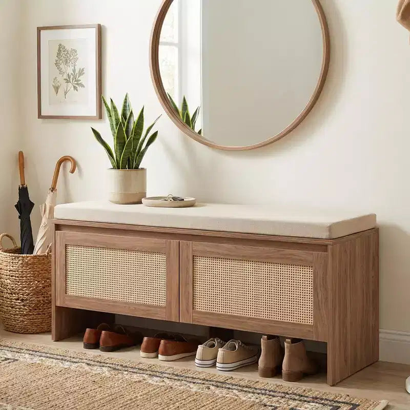 FurnitureR Rattan Shoe Storage Bench with Cushion, Compact Entryway Shoe Cabinet with Doors, Small Space Organizer, Hidden Shoe Rack with Seating
