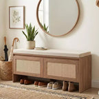 FurnitureR Rattan Shoe Storage Bench with Cushion, Compact Entryway Shoe Cabinet with Doors, Small Space Organizer, Hidden Shoe Rack with Seating