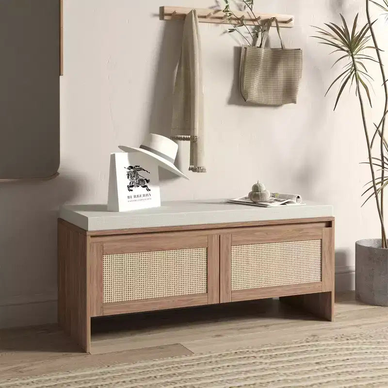 Banc de rangement pour chaussures en rotin avec coussin, meuble à chaussures compact d'entrée avec portes