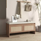 Banc de rangement pour chaussures en rotin avec coussin, meuble à chaussures compact d'entrée avec portes