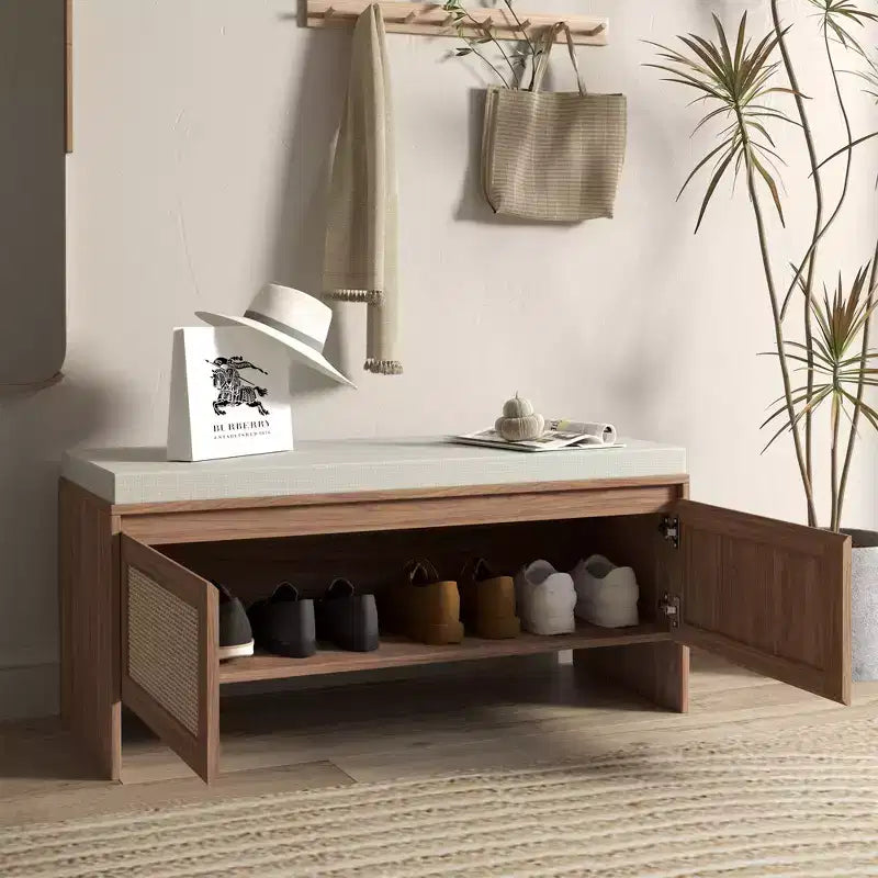 Banc de rangement pour chaussures en rotin avec coussin, meuble à chaussures compact d'entrée avec portes