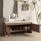 Banc de rangement pour chaussures en rotin avec coussin, meuble à chaussures compact d'entrée avec portes