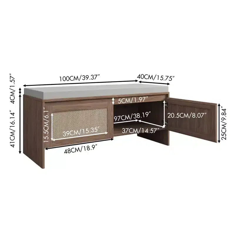 Banc de rangement pour chaussures en rotin avec coussin, meuble à chaussures compact d'entrée avec portes