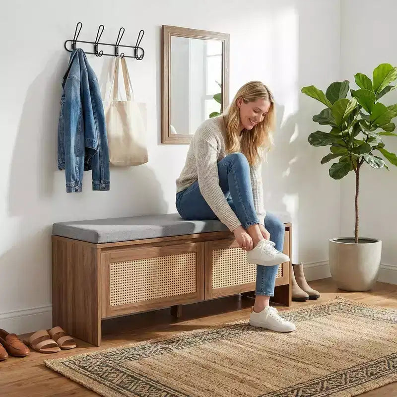 Banc de rangement pour chaussures en rotin avec coussin, meuble à chaussures compact d'entrée avec portes