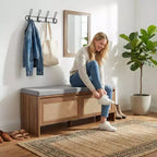 Banc de rangement pour chaussures en rotin avec coussin, meuble à chaussures compact d'entrée avec portes