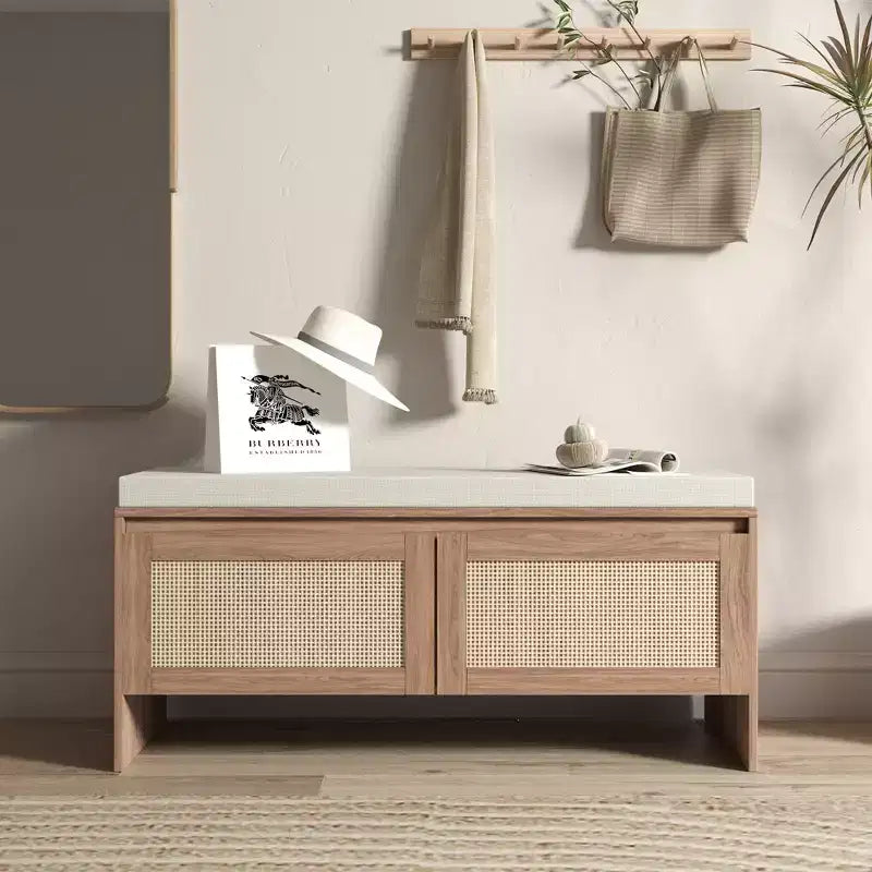Banc de rangement pour chaussures en rotin avec coussin, meuble à chaussures compact d'entrée avec portes