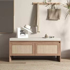 Banc de rangement pour chaussures en rotin avec coussin, meuble à chaussures compact d'entrée avec portes