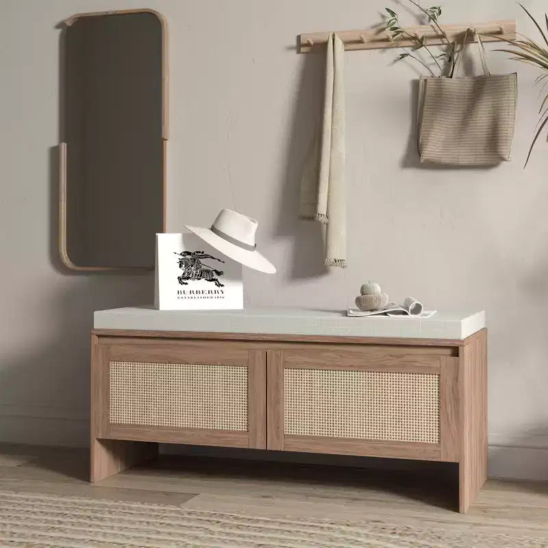 Banc de rangement pour chaussures en rotin avec coussin, meuble à chaussures compact d'entrée avec portes