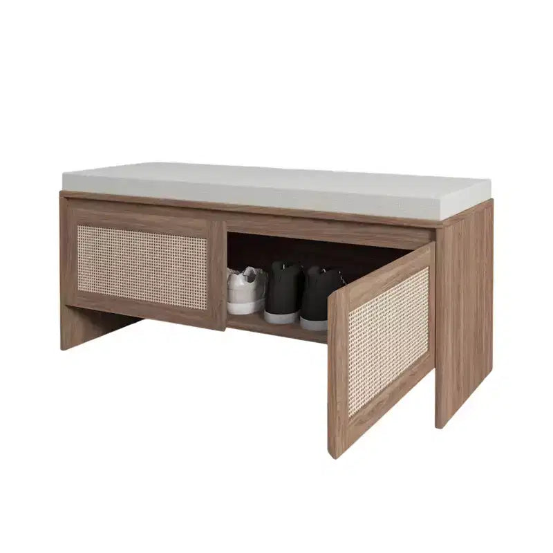 Banc de rangement pour chaussures en rotin avec coussin, meuble à chaussures compact d'entrée avec portes