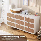 Commode en rotin naturel à 9 tiroirs, meuble de rangement en rotin tressé à la main avec plateau large, chiffonnier en bois haut pour chambre à coucher, salon, couloir