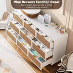 Commode en rotin naturel à 9 tiroirs, meuble de rangement en rotin tressé à la main avec plateau large, chiffonnier en bois haut pour chambre à coucher, salon, couloir