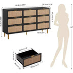 Commode en rotin naturel à 9 tiroirs, meuble de rangement en rotin tressé à la main avec plateau large, chiffonnier en bois haut pour chambre à coucher, salon, couloir