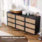 Commode en rotin naturel à 9 tiroirs, meuble de rangement en rotin tressé à la main avec plateau large, chiffonnier en bois haut pour chambre à coucher, salon, couloir