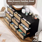 Commode en rotin naturel à 9 tiroirs, meuble de rangement en rotin tressé à la main avec plateau large, chiffonnier en bois haut pour chambre à coucher, salon, couloir