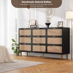 Commode en rotin naturel à 9 tiroirs, meuble de rangement en rotin tressé à la main avec plateau large, chiffonnier en bois haut pour chambre à coucher, salon, couloir