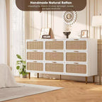 Commode en rotin naturel à 9 tiroirs, meuble de rangement en rotin tressé à la main avec plateau large, chiffonnier en bois haut pour chambre à coucher, salon, couloir