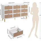 Commode en rotin naturel à 9 tiroirs, meuble de rangement en rotin tressé à la main avec plateau large, chiffonnier en bois haut pour chambre à coucher, salon, couloir