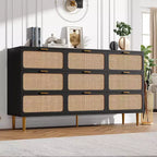 Natural Rattan 9 Drawer Dresser, Handwoven Rattan Storage Cabinet with Wide Top, Tall Wooden Chest of Drawers for Bedroom Living Room Hallway