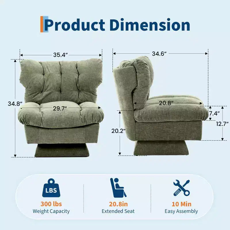 Modern Swivel Armchair with Thick Tufted Cushions - 360 Rotating Chenille Accent Chair, Ergonomic Lounge Reading Chair for Living Room & Bedroom