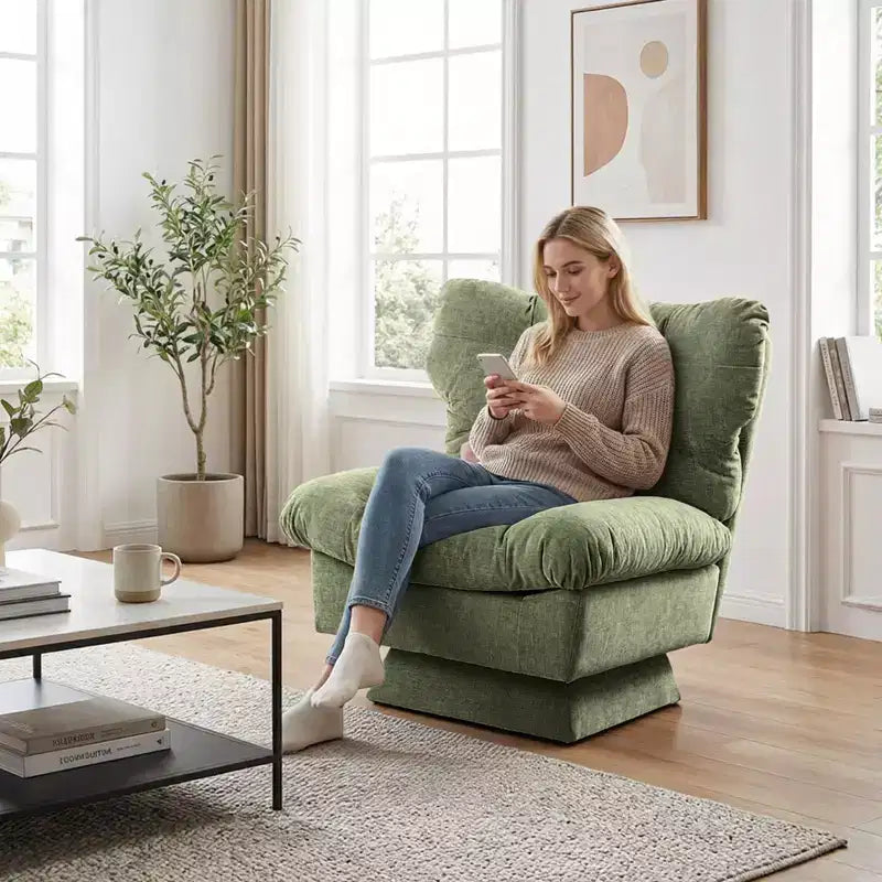 Modern Swivel Armchair with Thick Tufted Cushions - 360 Rotating Chenille Accent Chair, Ergonomic Lounge Reading Chair for Living Room & Bedroom