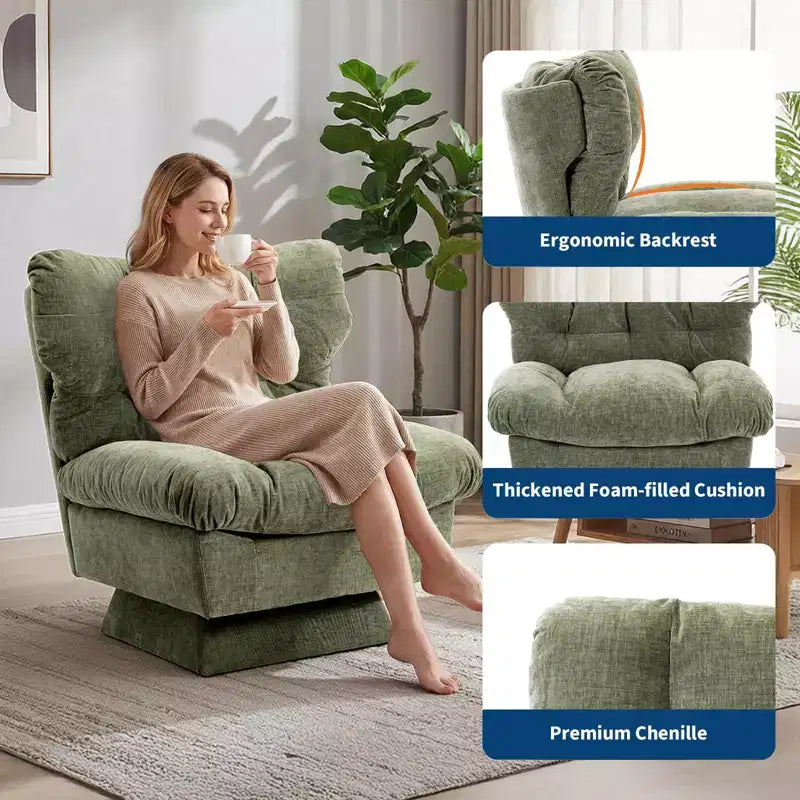 Modern Swivel Armchair with Thick Tufted Cushions - 360 Rotating Chenille Accent Chair, Ergonomic Lounge Reading Chair for Living Room & Bedroom