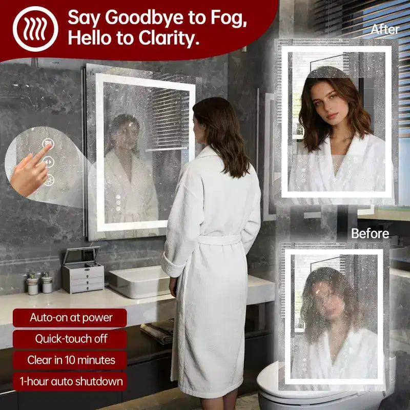 Miroir de courtoisie mural 24x32 en verre trempé anti-buée ETL avec 3 couleurs de LED