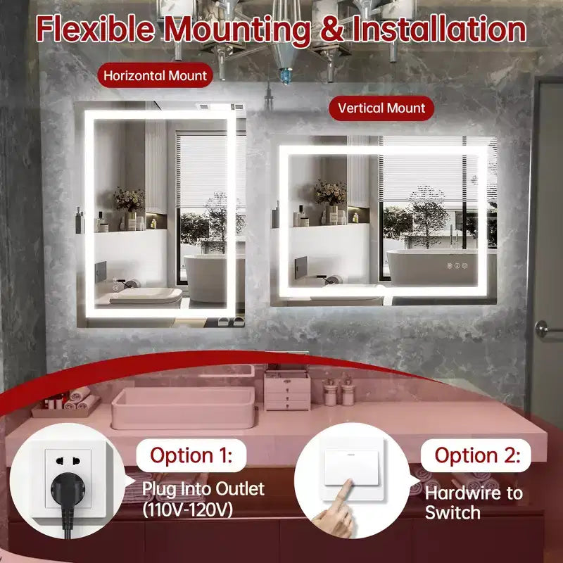 Miroir de courtoisie mural 24x32 en verre trempé anti-buée ETL avec 3 couleurs de LED