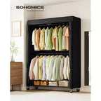 Portant à Vêtements Robuste sur Roues Armoire Portable avec Étagères Réglables Tiges de Suspension Housse en Tissu Noir Encre
