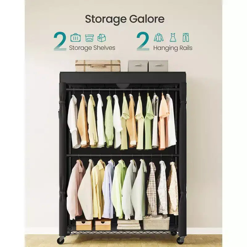 Portant à Vêtements Robuste sur Roues Armoire Portable avec Étagères Réglables Tiges de Suspension Housse en Tissu Noir Encre