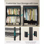 Portant à Vêtements Robuste sur Roues Armoire Portable avec Étagères Réglables Tiges de Suspension Housse en Tissu Noir Encre