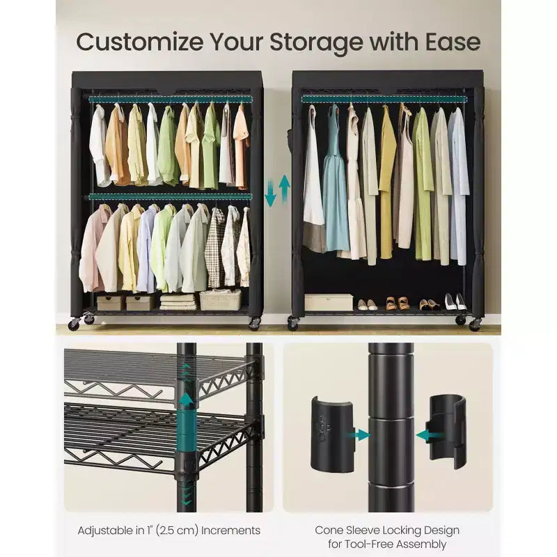 Portant à Vêtements Robuste sur Roues Armoire Portable avec Étagères Réglables Tiges de Suspension Housse en Tissu Noir Encre
