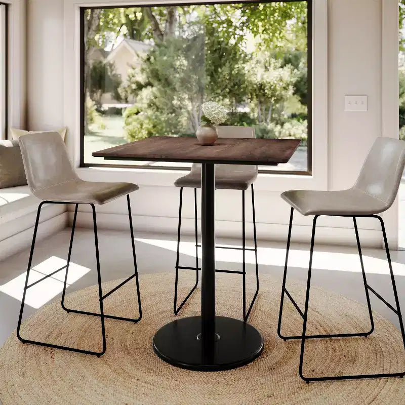 Table carrée de 36 pouces de hauteur de bar avec plateau HPL TopGuard et base en fonte