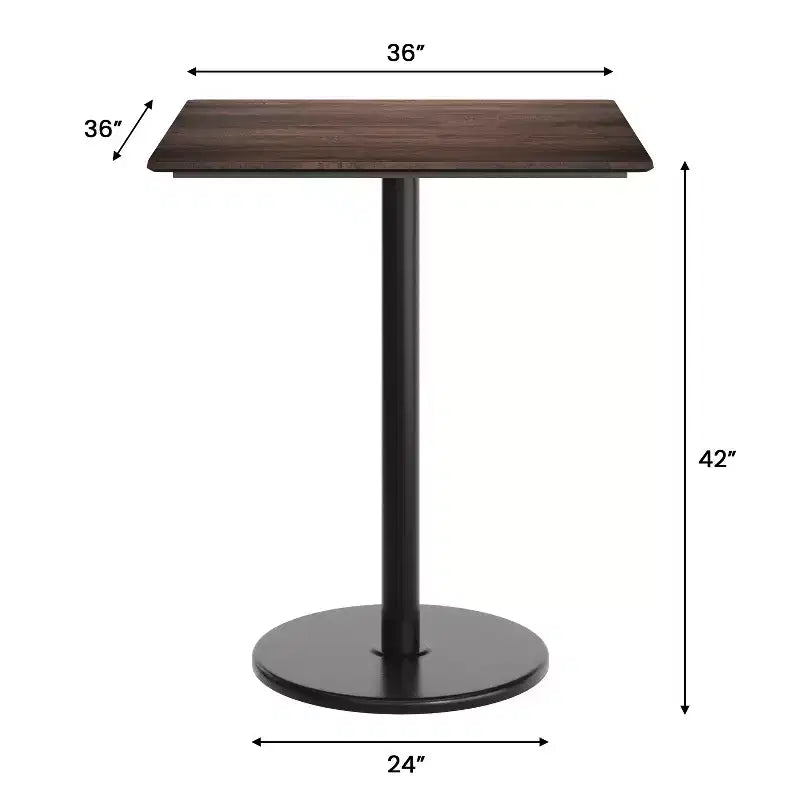 Table carrée de 36 pouces de hauteur de bar avec plateau HPL TopGuard et base en fonte