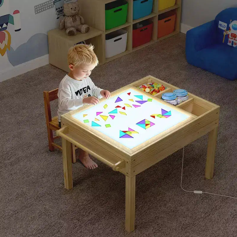 Table lumineuse 3-en-1 pour enfants avec rangement, table d'activités LED sensorielle pour blocs de construction et dessin, à partir de 3 ans